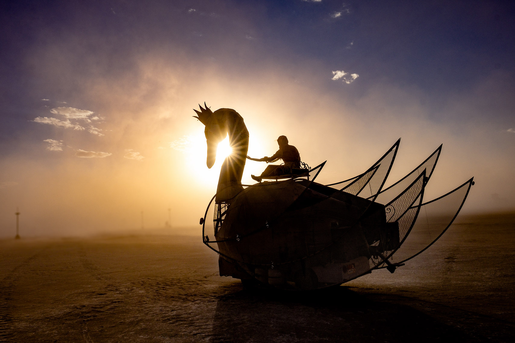 Prodigal Swan art car at sunset